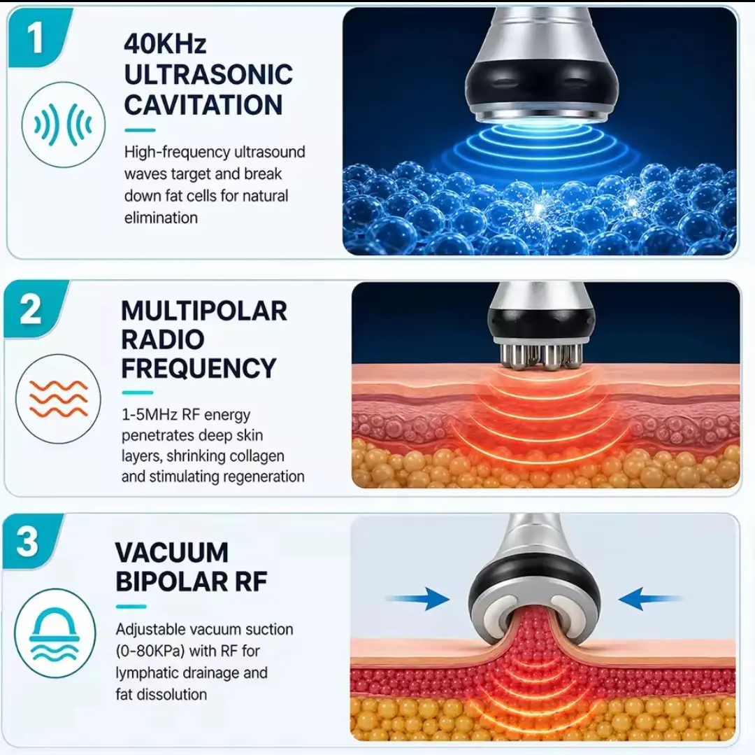 تصویر شماتیک هندپیس کویتیشن 40K، RF چندقطبی و وکیوم RF